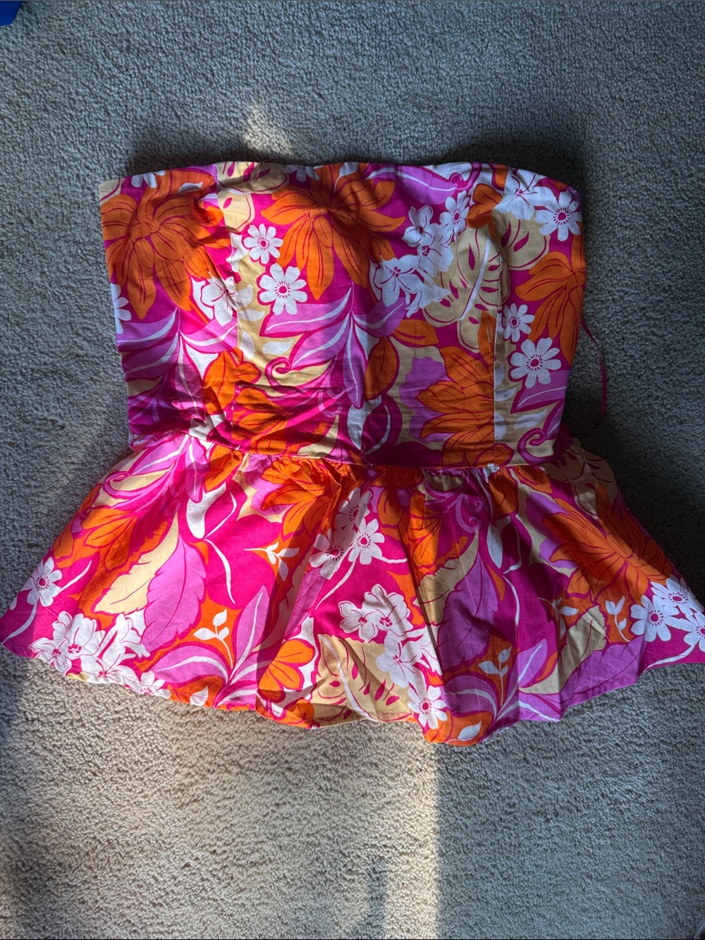 Flying Tomato Strapless Floral Peplum Top in Pink, Orange & Cream